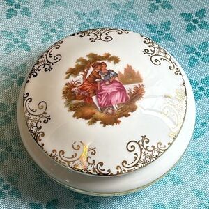 Limoge Tinket box. White with gold trim. Victorian scene
